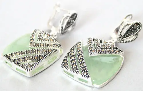 

Fancy lady's 925 Silver Hook green Natural jade Marcasite Square Earrings