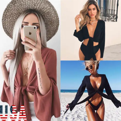 Trendy Women Casual V Neck Cropped Flare Sleeve Slim Crop Tops Shirt Bandage Top Charm Pure Color Blouse |