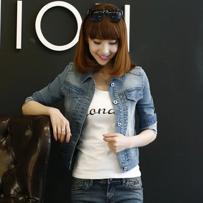 Женская джинсовая куртка с длинным рукавом белая короткая синяя из денима