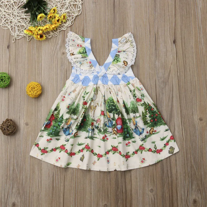 Baby Girls Fairy Tale Print Dress Summer Petal Short Sleeve Infant Kid Princess Party Cotton Tutu Set Vestidos Mujer | Детская одежда и
