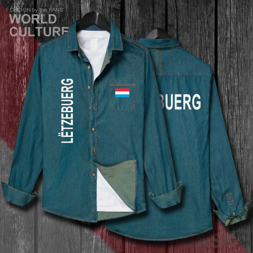 

Luxembourg Luxembourger LUX Luxemburg Men Clothes Spring Autumn Cotton Flag Top Turn-down Jeans Shirt Long Sleeve Cowboy Coat