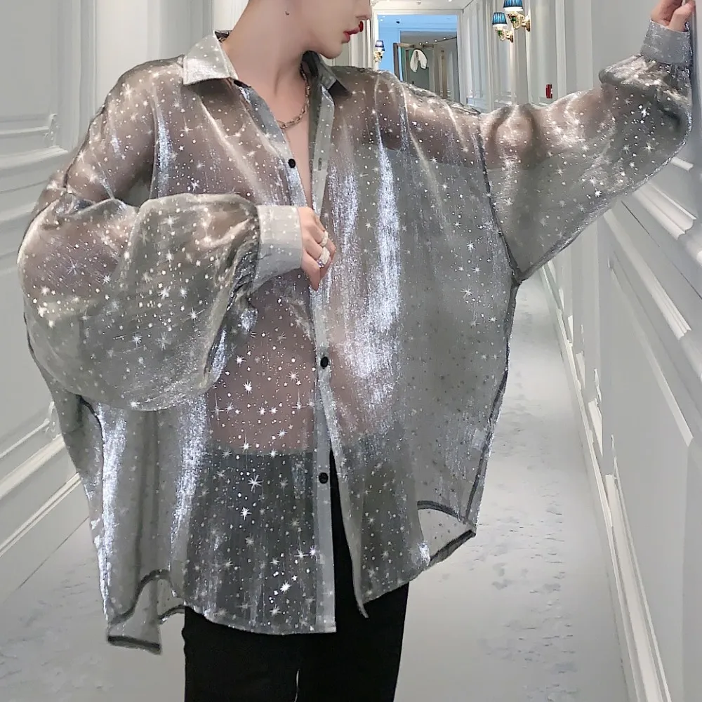 Рубашка мужская оверсайз с длинным рукавом Повседневная блуза в стиле хип-хоп