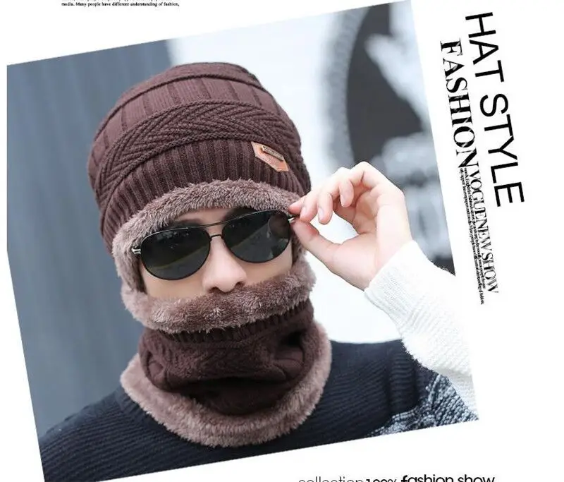 RUHAO Skullies Beanies 2pcs ski cap scarf cold warm leather winter hat for women men Knitted hat Bonnet Warm Cap