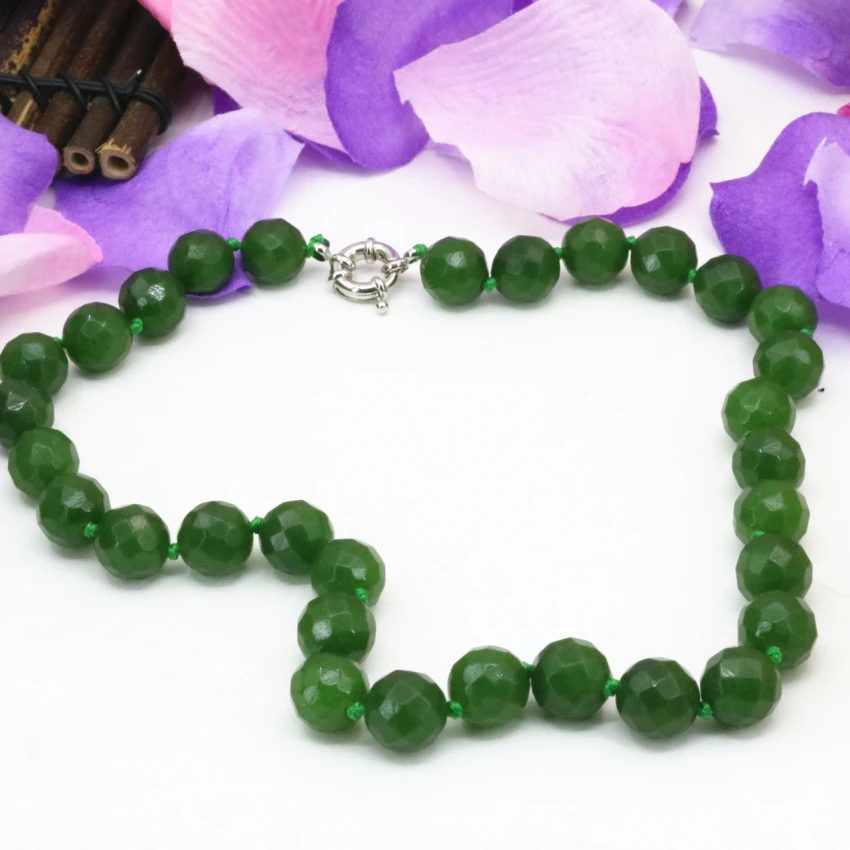 

Round Faceted 12mm Beads Chain Necklace Natural Stone Taiwan Green Chalcedony Choker Jades Statement Women Jewelry 18inch B3197