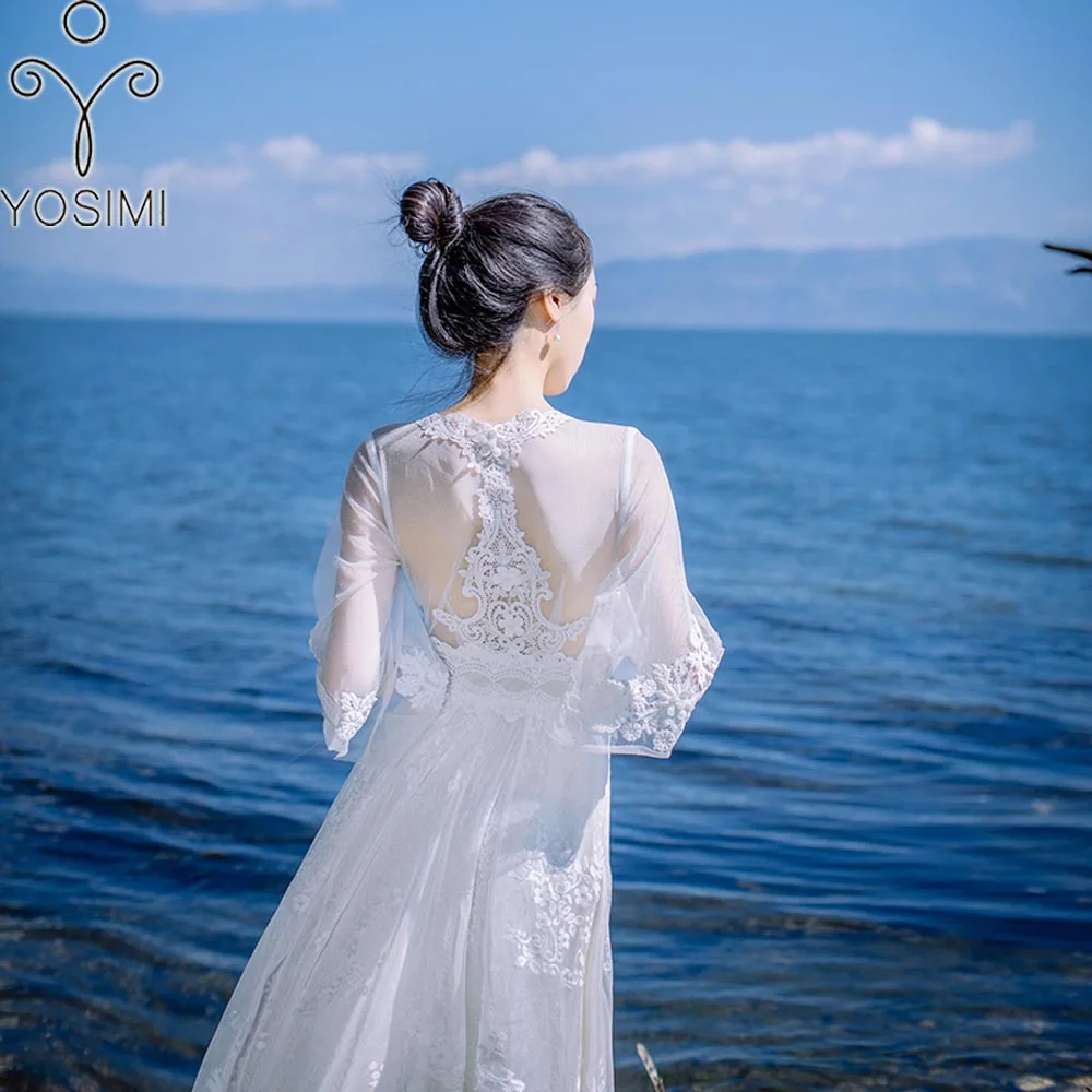 YOSIMI 2018 Летнее Длинное кружевное платье длинное женское для путешествий белый V-nek