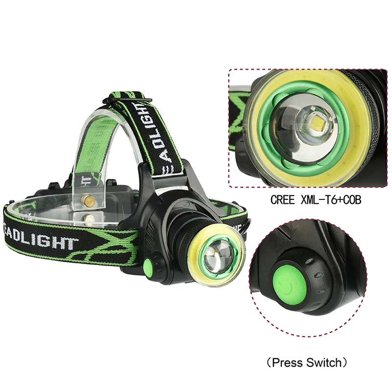 

CREE XML-T6+COB LED Frontal Led Headlamp Headlight Flashlight RechargeableTorch Head lamp Battery Charger