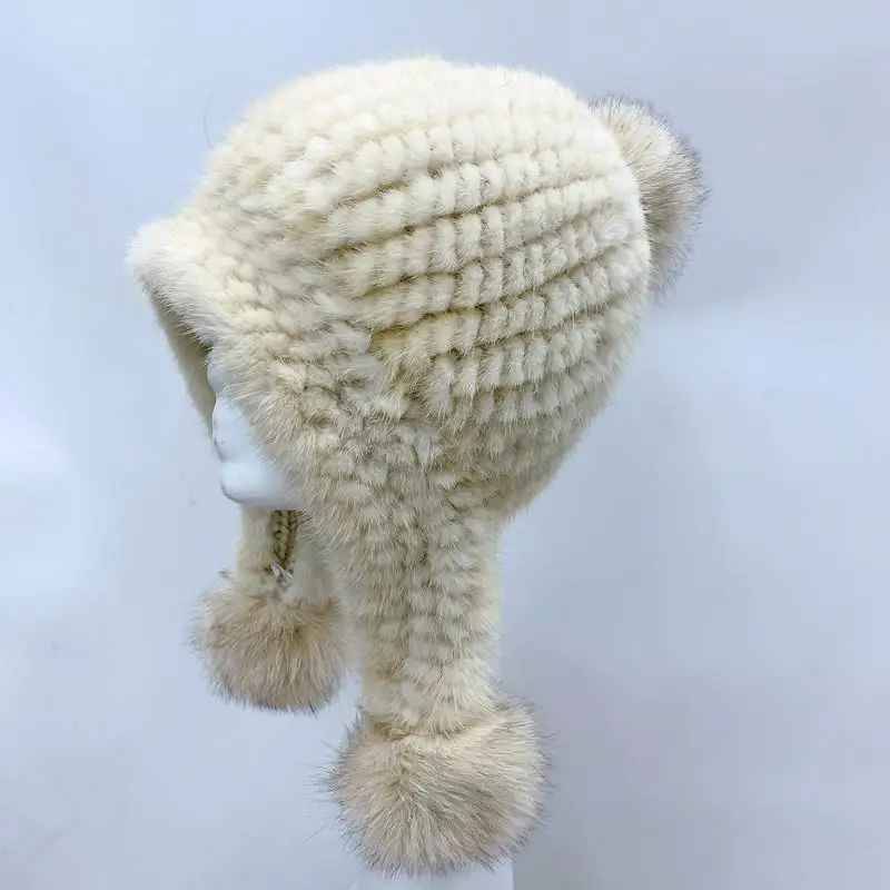 Шапка женская зимняя водяная грива лисий мех шариковые наушники корейский