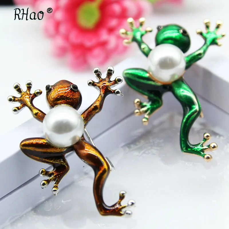 Женская Брошь в виде лягушки с эмалью и жемчугом|Броши| |