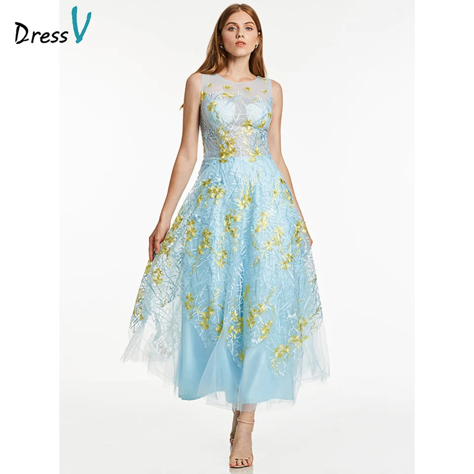

Dressv blue long evening dress cheap scoop neck appliques sleeveless wedding party formal dress a line evening dresses