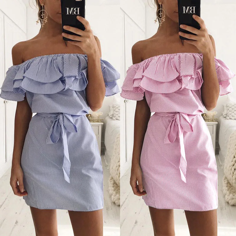 

Newly Women Ruffle Off Shoulder Stripe Slim Fashion Dress for Summer Beach Party DO99
