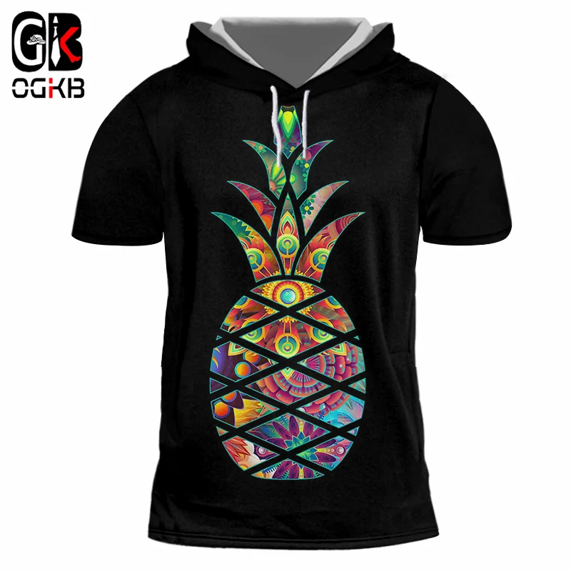 OGKB Black Unisex Hooded Tshirt Funny Print Pineapple 3D T-shirts With Cap Man Bodybuilding Fitness Casual Short Sleeve Hoody | Мужская