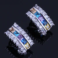 awesome square multigem multicolor brown cubic zirconia silver plated clip hoop huggie earrings v0381