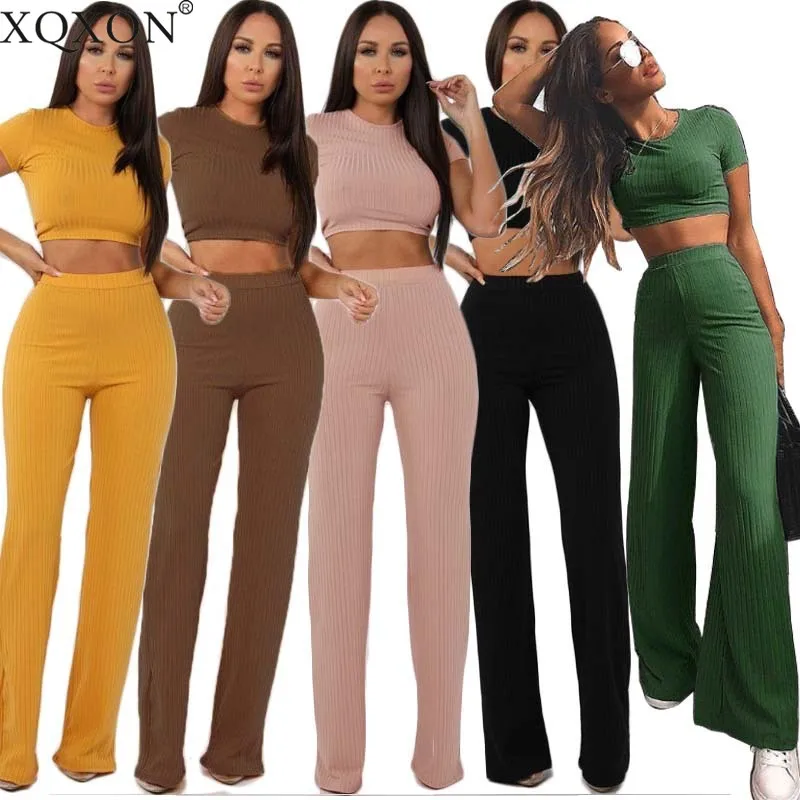 

2021 summer suit Women knitted short sleeve o-neck crop top wide leg pants 2 piece set for female women tops pants women's suits