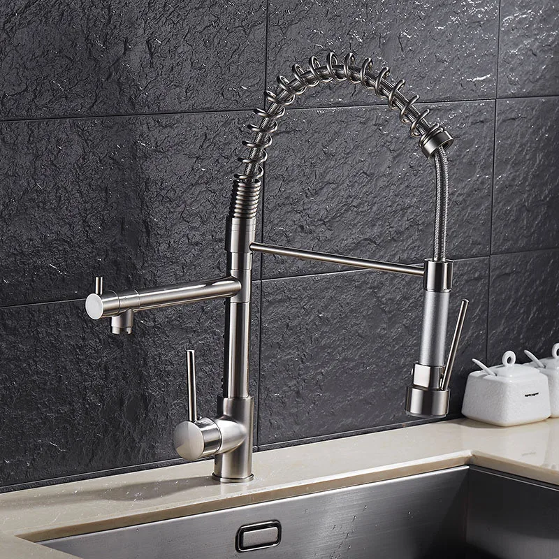 Kitchen Sink Faucets Brass Pull Down Spray Nozzle Mixer Tap Dual Handle Hot and Cold Water Crane Spring Faucet | Обустройство дома