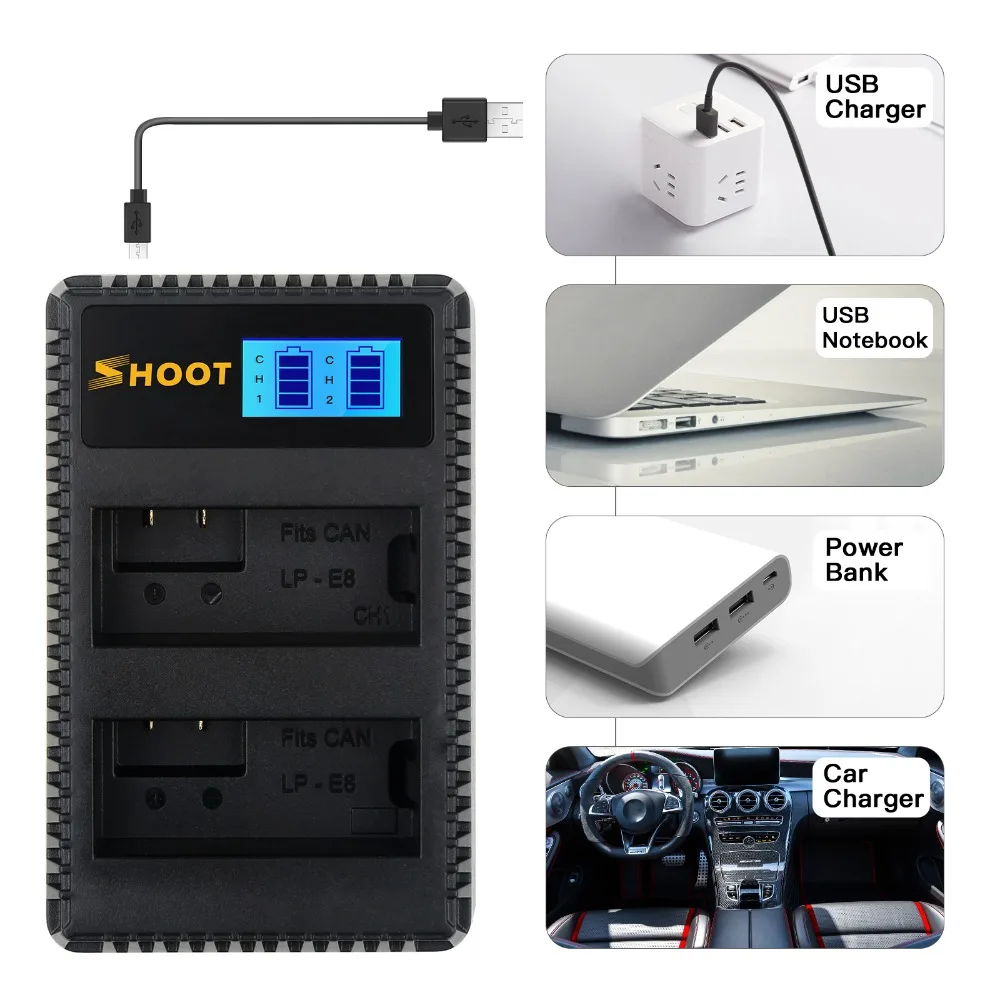 Снимать 2 шт. 1800 мАч LP E8 LPE8 Батарея с светодиодный двойной USB Зарядное устройство