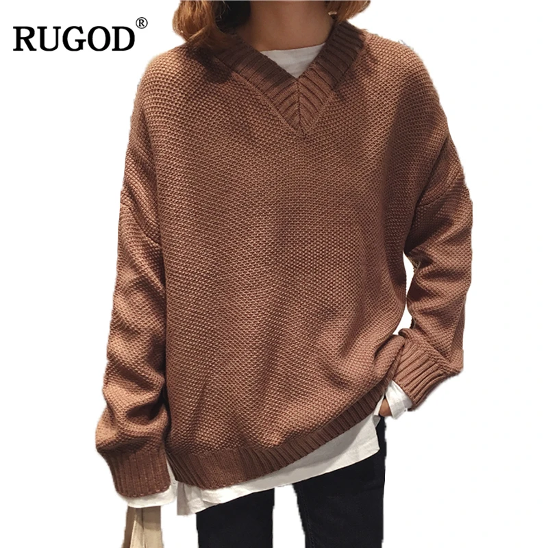 RUGOD Korean Style Casual Sweater Crocheted Pullover Women 2018 Fashion Spring Sexy V neck Long Sleeve Loose Jumper | Женская одежда