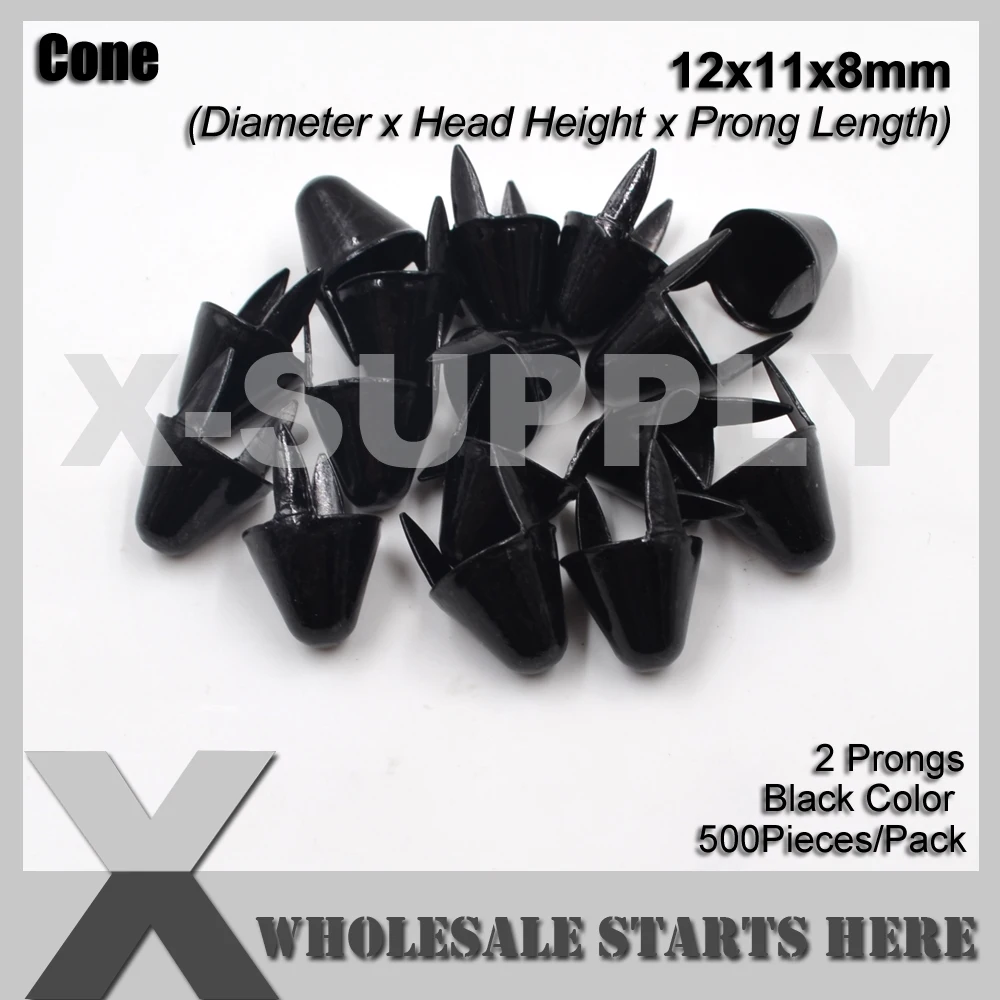 Metal Punk BLACK Cone Rivet Stud 12x11mm with 2 Prongs for Leather Craft/Bag/Shoes | Garment Rivets