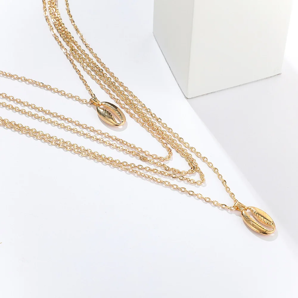 2019 винтажные Многослойные раковины Чокеры золотая цепочка Длинная с кулоном для