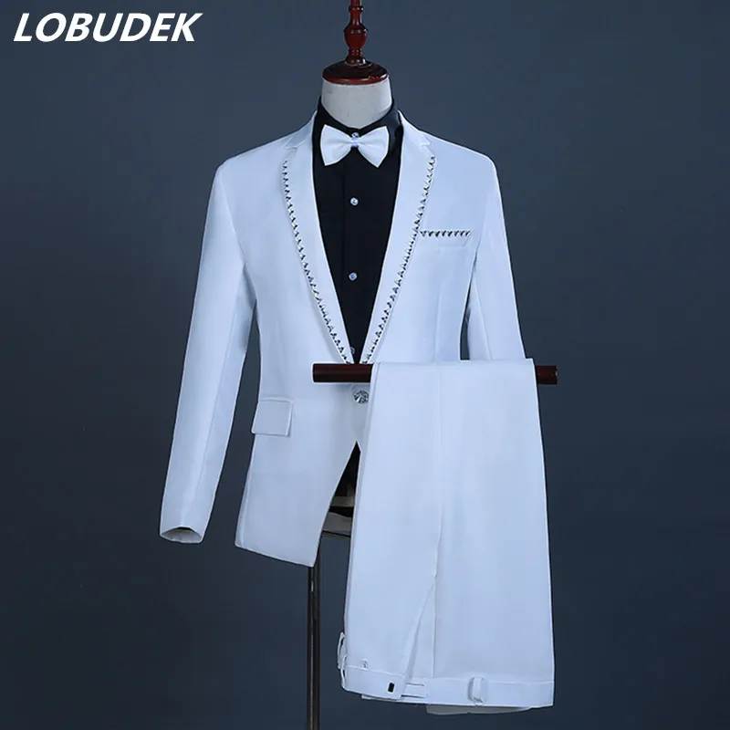 

White Crystals Men's Formal Suits Singer Host Stage Outfit Wedding Groom Prom Party Performance Costumes Male Chorus Clothing