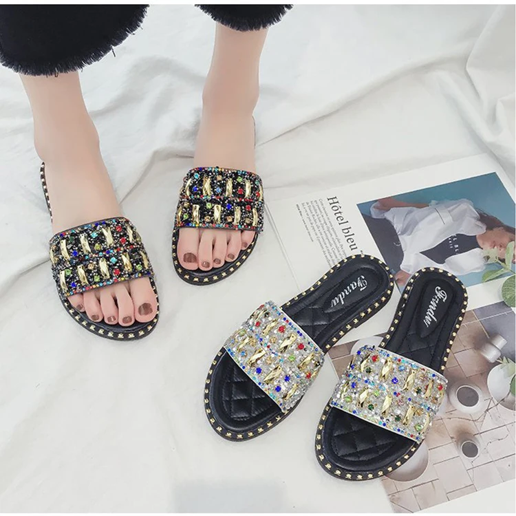 Летние шлепанцы; женская обувь с украшением в виде кристаллов; chaussures femme; Уличная обувь; Pantufa; тапочки мюли на плоской подошве