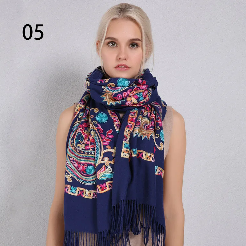 05 Navy Blue Sparsil, Женский кашемировый шарф с вышивкой, Осень-зима, Цветочный, с кисточками, 200*70 см, Пашмина, шаль с цветами, женские шарфы, мусульманские шарфы - Цвет: 05 Navy Blue