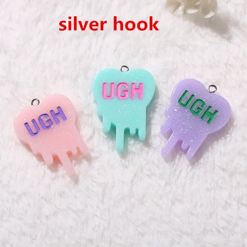 silver hook 10 шт 26*35 мм тьфу амулеты Смола амулеты ожерелье кулон брелок амулеты для украшения серьги DIY - Окраска металла: silver hook