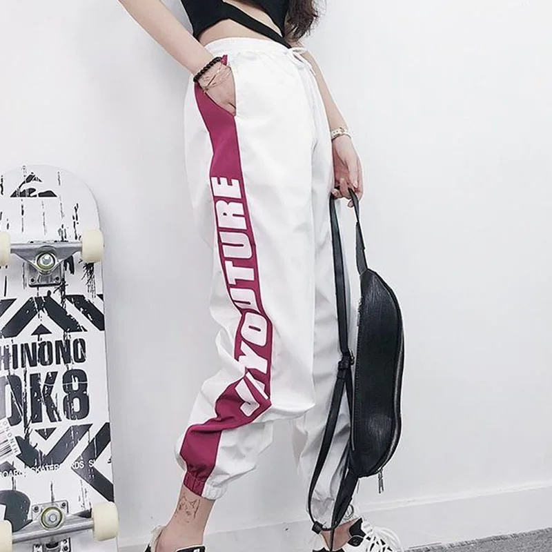 White Letter A2 Vangull женские штаны длиной до щиколотки, уличная одежда, штаны-шаровары с буквенным принтом, осень, эластичная талия, сплайсированные, размера плюс, женские штаны - Цвет: White Letter A2