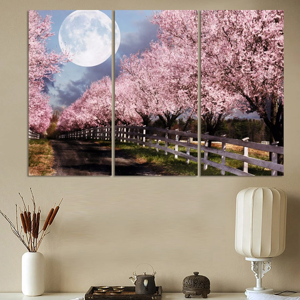 

HD Printed Modern Canvas Wall Art 3 Pieces Cherry Trees Night Scenery Home Decor Living Room Painting Modular Pictures Framed