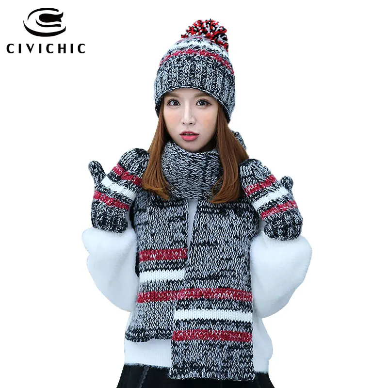 Женская зимняя трикотажная шапка с помпоном 3 шт.|scarf glove|hat scarf glovesknitted hat |