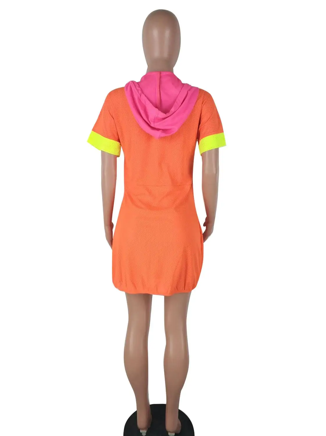 

Hot Style Orange Casual Patchwork Short Hooded Pocket Mini Dress Holiday Women Dress Summer Dress
