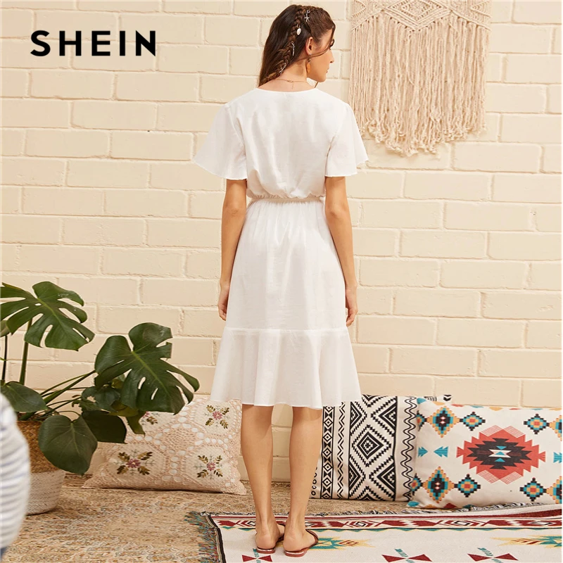 SHEIN Платье С Узлом И Оборкой Платье С Цветочной Вышивкой Бохо Летнее Платье С Глубоким V-образным Вырезом Женские Элегантные Платья