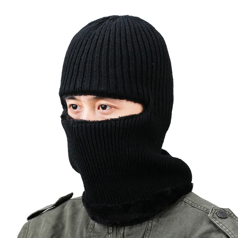 Зимняя мужская черная Балаклава вязаные шапки с капюшоном русская пушистая