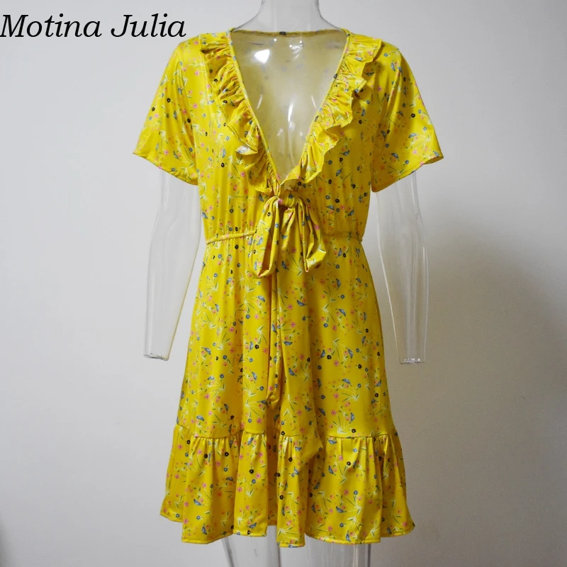 Yojoceli сексуальное короткое летнее женское платье с рюшами и цветочным принтом