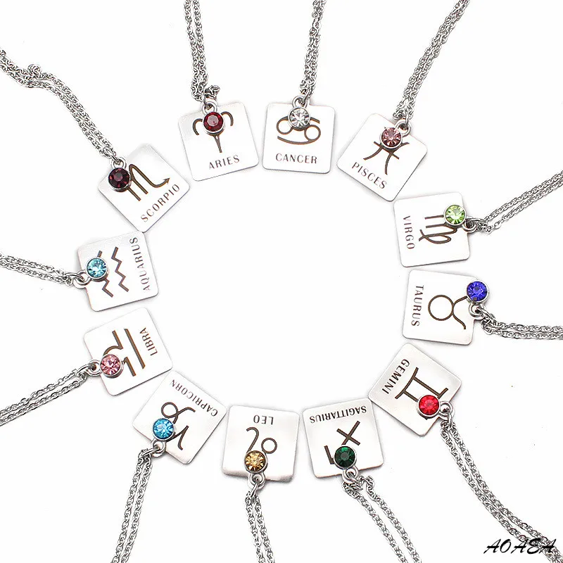 12 Zodiac Constellation Signs Pendant Necklace Crystal Birthstone Women Friend Birthday Gift Stainless Steel Jewelry | Украшения и