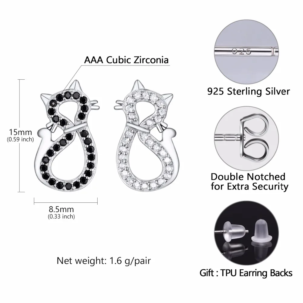 SILVERCUTE CZ черные/белые серьги-гвоздики с кошкой из стерлингового серебра 925 пробы