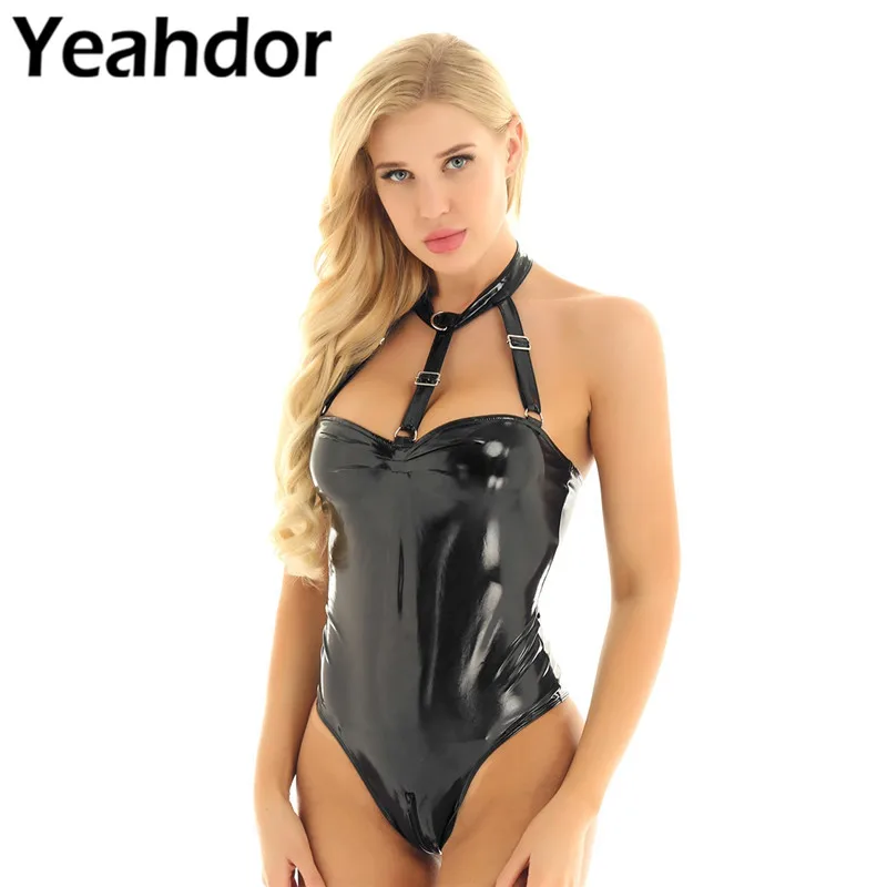 Женское сексуальное цельнокроеное Wetlook женское белье из лакированной кожи с