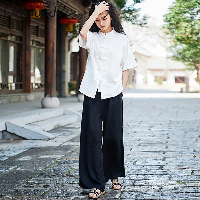 Оригинальная летняя рубашка в китайском стиле Женская хлопковая льняная