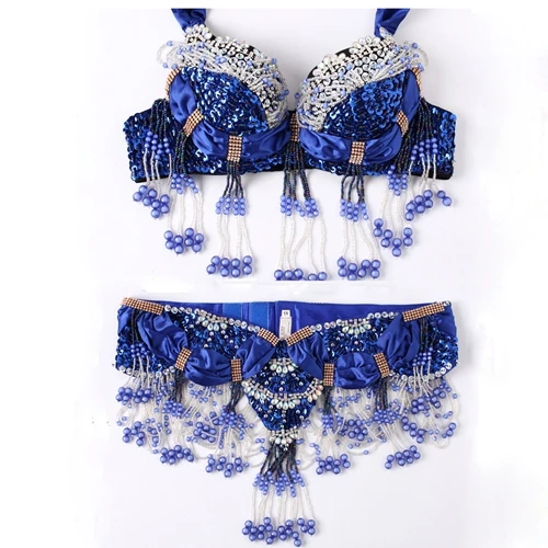 Royal blue 2pcs Set Новинка, Женская Одежда для танцев, профессиональная, 3 шт., наряд размера плюс, чашка C/D, бюстгальтер, пояс, юбка, длинные восточные бусы, костюм для танца живота - Цвет: Royal blue 2pcs Set