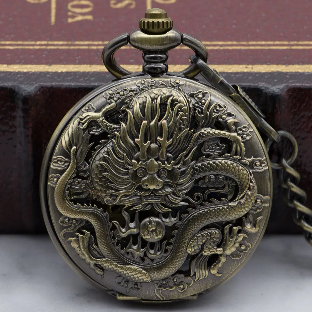 

Chinese Dragon Bronze Mechanical Pocket Watch Analog Pendant With Necklace Pendant Clock for Pocket Watch PJX1327
