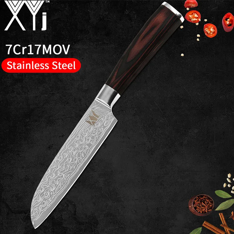 5 Santoku XYj горячий дамасский узор, нож из нержавеющей стали, набор кухонных ножей 7Cr17, нож из нержавеющей стали с цветной деревянной ручкой, кухонные инструменты - Цвет: 5 Santoku