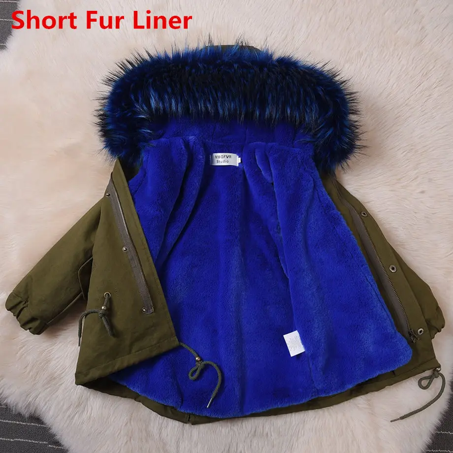 B Short Fur Liner Пальто с мехом для мальчиков и девочек; парки; зимние детские куртки с большим меховым воротником; пальто со съемной подкладкой из лисьего меха; детская плотная теплая верхняя одежда с капюшоном - Цвет: B Short Fur Liner