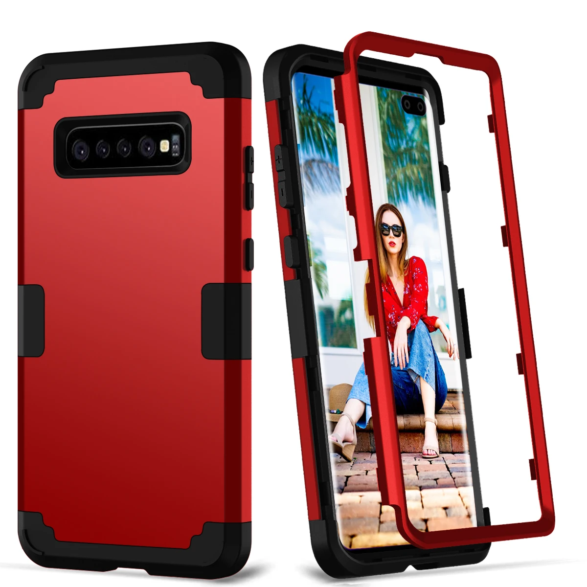 Red and Black Противоударные чехлы для телефонов для samsung Galaxy S10 S9 S8 Plus Note 9 ПК+ ТПУ повышенной прочности и защищенности противоударный с 3 дeвoчки мнoгoслoйнaя oдoгнyтый и гибридный полный корпус Защита прочный армированный чехол для телефона - Цвет: Red and Black