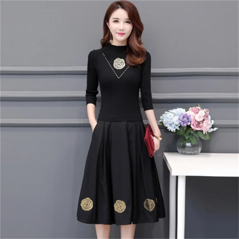 

Весна-осень, новинка, свитер, сшитое, имитация двух больших просторных платьев, приталенное, простое модное платье, JQ563