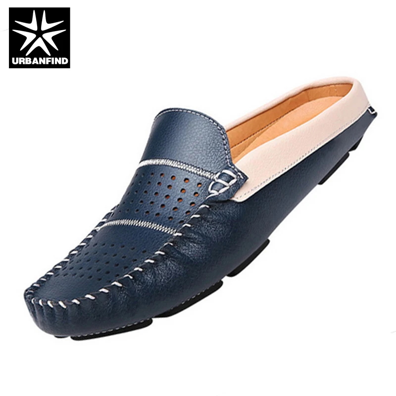 URBANFIND New Fashion Man Leather Flats British Half Slipper Loafers EU 38-44 Summer Men Driving Shoes Black / Dark Blue White | Обувь