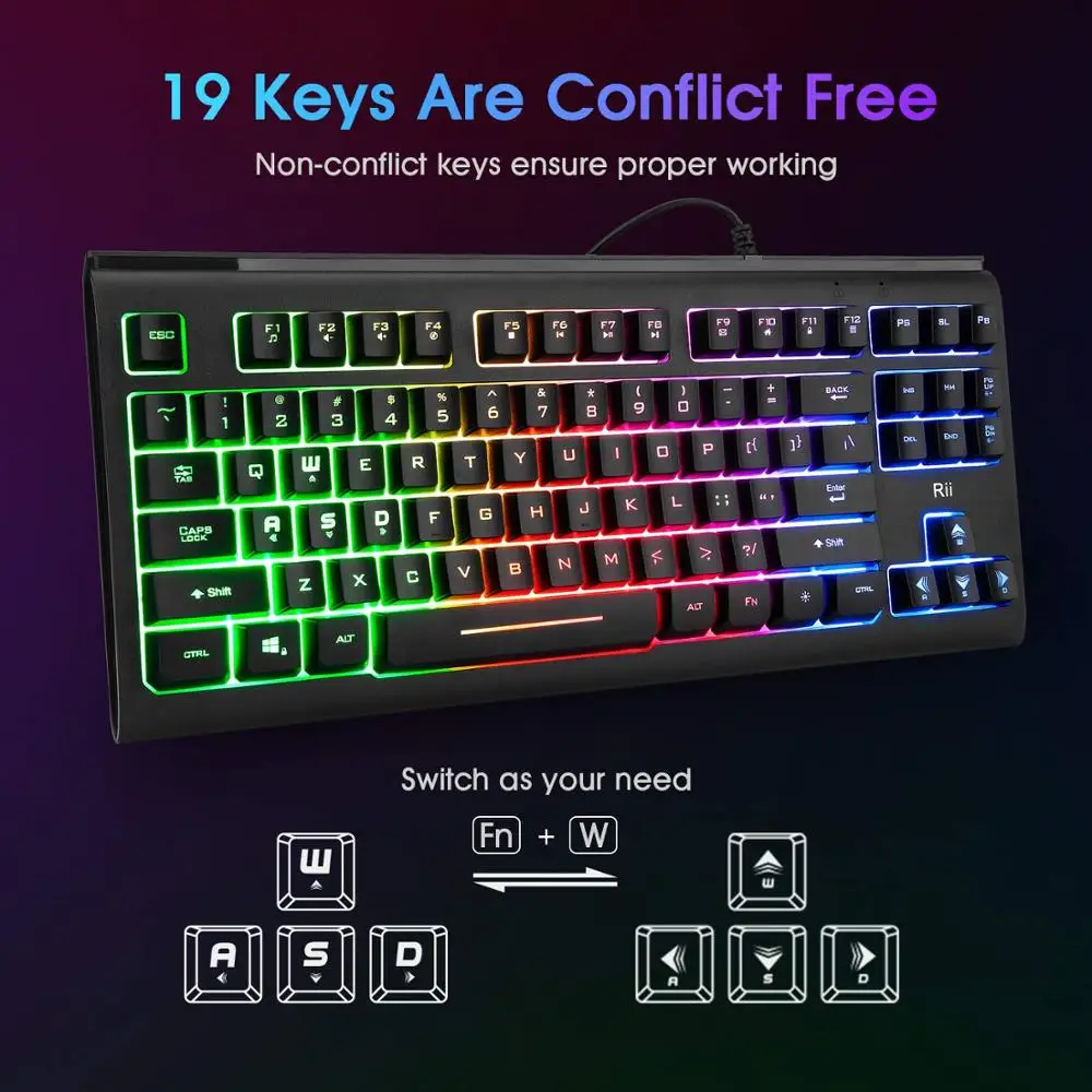 Rii RGB игровая клавиатура RK104, клавиатура с подсветкой, маленькая компактная компьютерная клавиатура 87 клавиш для Windows, ПК, ноутбука, рабочего стола