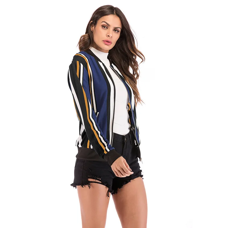 

Paney Quin Stripe Pattern Stand Collar Women Coats 2018 Long Sleeve Fashion Casual Four Colors Zipper Elegance Loose Type Jacket