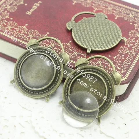 

Sweet Bell 10 set/lot Antique Bronze Metal Alloy alarm clock 20mm Round Cabochon Pendant Settings+Clear Glass Cabochons