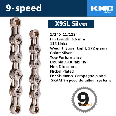 KMC X8 X9 X9sl X10 X10sl X11SL велосипедная цепь 9S 10S 11S золото для MTB/шоссейного велосипеда для Shimano/SRAM 8 9 10 11 скорость 116л/цепной велосипед - Цвет: X9SL silver