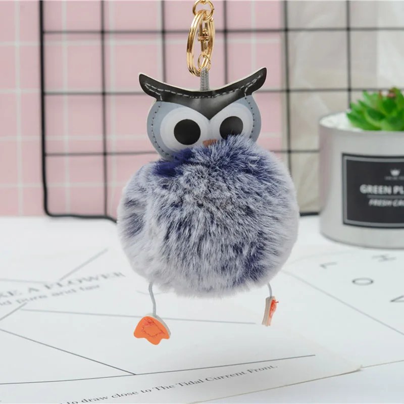 Owl Faux Rabbit Fur Pompom Keychain Fluffy Two Color Animal Ball Pendant Key Rings Holder Bag Ornament for Women EH851 | Украшения и