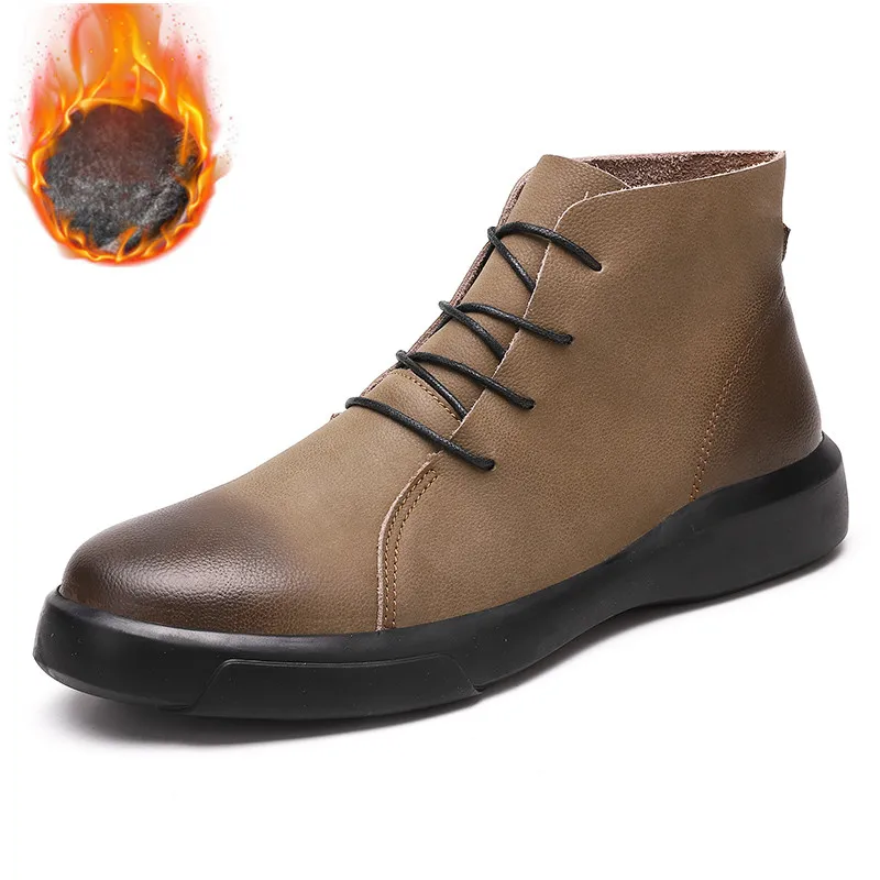 Khaki with Fur Зимние мужские ботинки ботильоны из натуральной кожи Мужская зимняя повседневная обувь мужские водонепроницаемые теплые меховые зимние ботинки для мужчин Botas JKPUDUN - Цвет: Khaki with Fur